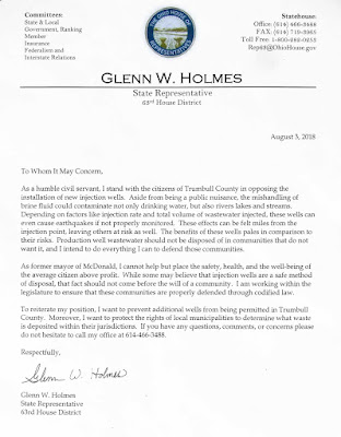 letter condeming fracking waste injection well, Hubbard Twp, Trumbull County, Ohio