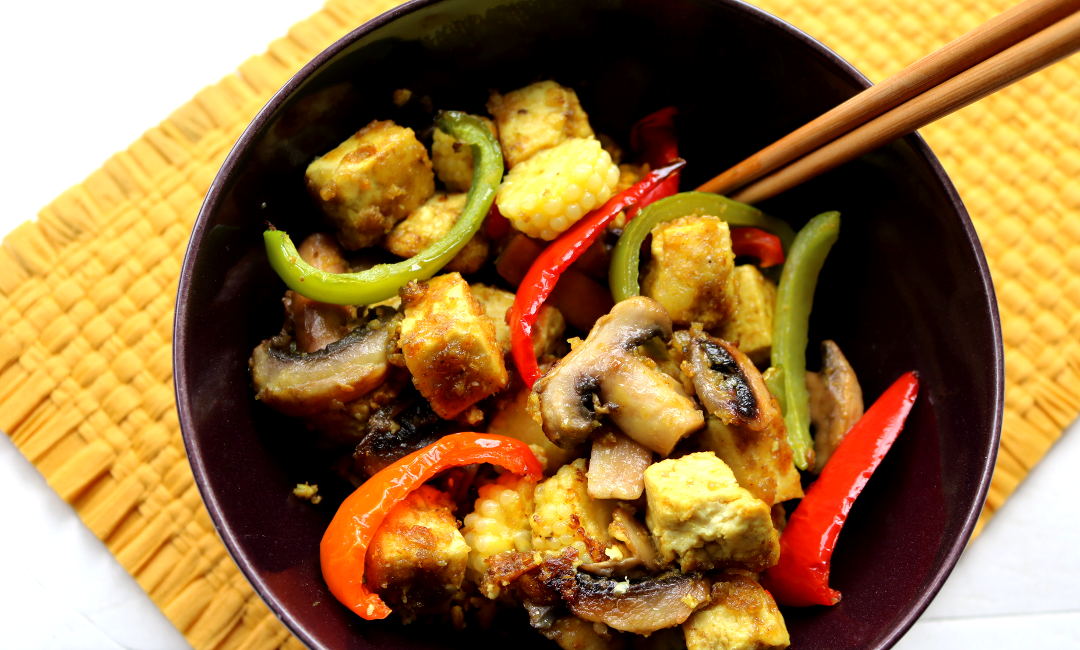 Crispy Madras Tofu Bites with Turmeric Basmati Rice & Stir Fried Veggies (Vegan recipe)