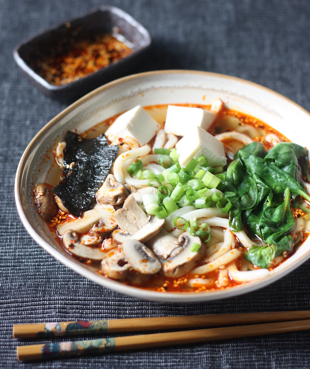 Miso Udon Noodle Soup with Spicy Korean Chili Dressing recipe by SeasonWithSpice.com