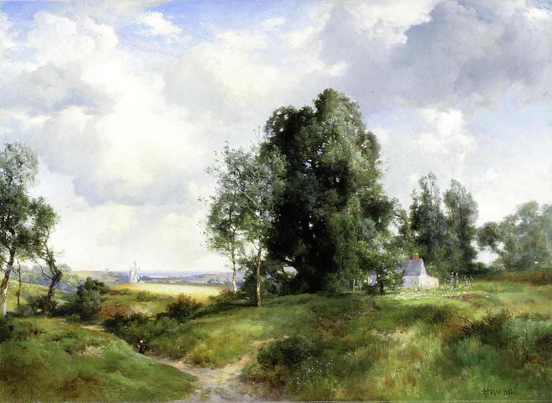 View of East Hampton with cows by pond art Dream-art Oil painting Thomas Moran 