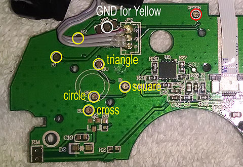 HORIPAD FPS PLUS PS3 PS4 controller PCB pinout guide HORIPAD FPS PLUS PS3 PS4 controller PCB pinout guide for the shapes side.