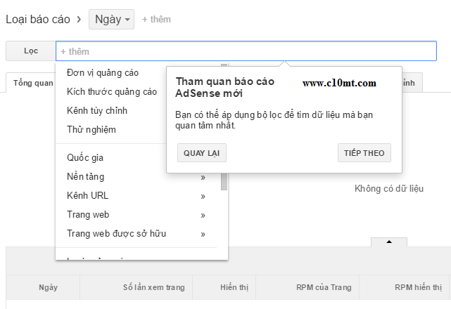 bộ lọc tìm kiếm dữ liệu Google Adsense