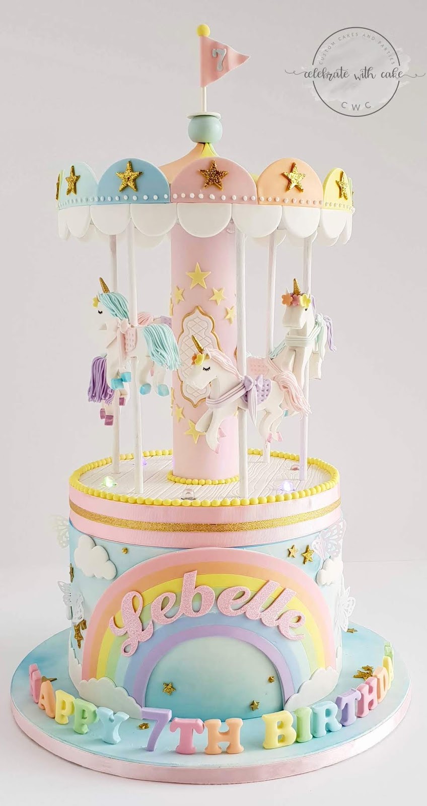 Celebrate With Cake Static Pastel Rainbow Unicorn Carousel Cake