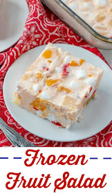 This vintage recipe comes straight from my great-grandma's recipe box. It is a fun twist on marshmallow fruit salad, but even more fun because it is frozen! It is perfect for holidays or as a refreshing summer side dish. Frozen fruit salad could even be a light dessert. Frozen fruit salad is a blast from the past. This vintage recipe is a cool and delicious way to eat your fruit. It is at home at all of our holiday meals, but would also be a fun summer side dish!