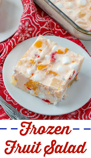 This vintage recipe comes straight from my great-grandma's recipe box. It is a fun twist on marshmallow fruit salad, but even more fun because it is frozen! It is perfect for holidays or as a refreshing summer side dish. Frozen fruit salad could even be a light dessert. Frozen fruit salad is a blast from the past. This vintage recipe is a cool and delicious way to eat your fruit. It is at home at all of our holiday meals, but would also be a fun summer side dish!