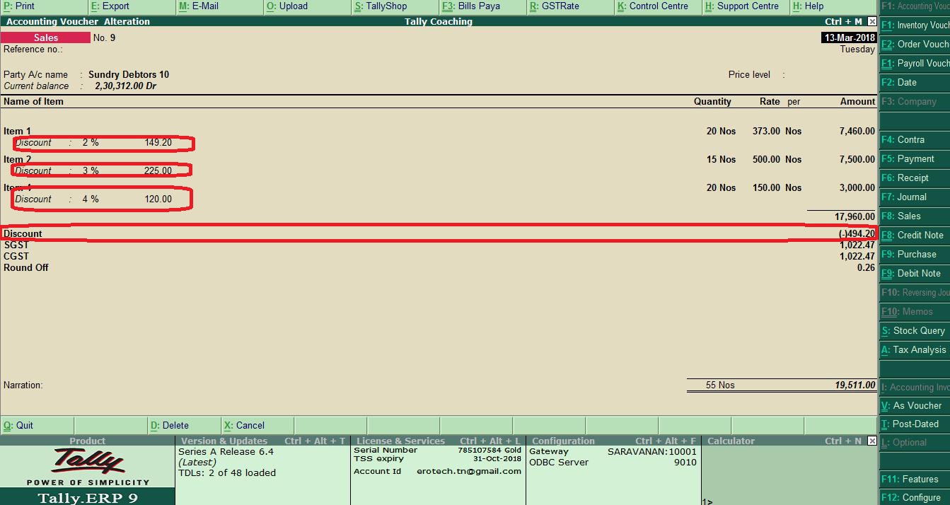 Free Tally TDL Free Tally Education Item Level Discount in Tally