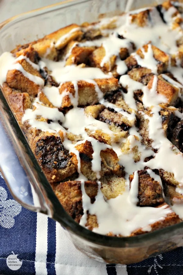Chocolate Babka Bread Pudding | by Renee's Kitchen Adventures - Easy dessert recipe for bread pudding made with Chocolate Babka Bread full of chocolate and walnuts then drizzled with a sweet vanilla sauce #RKArecipes 