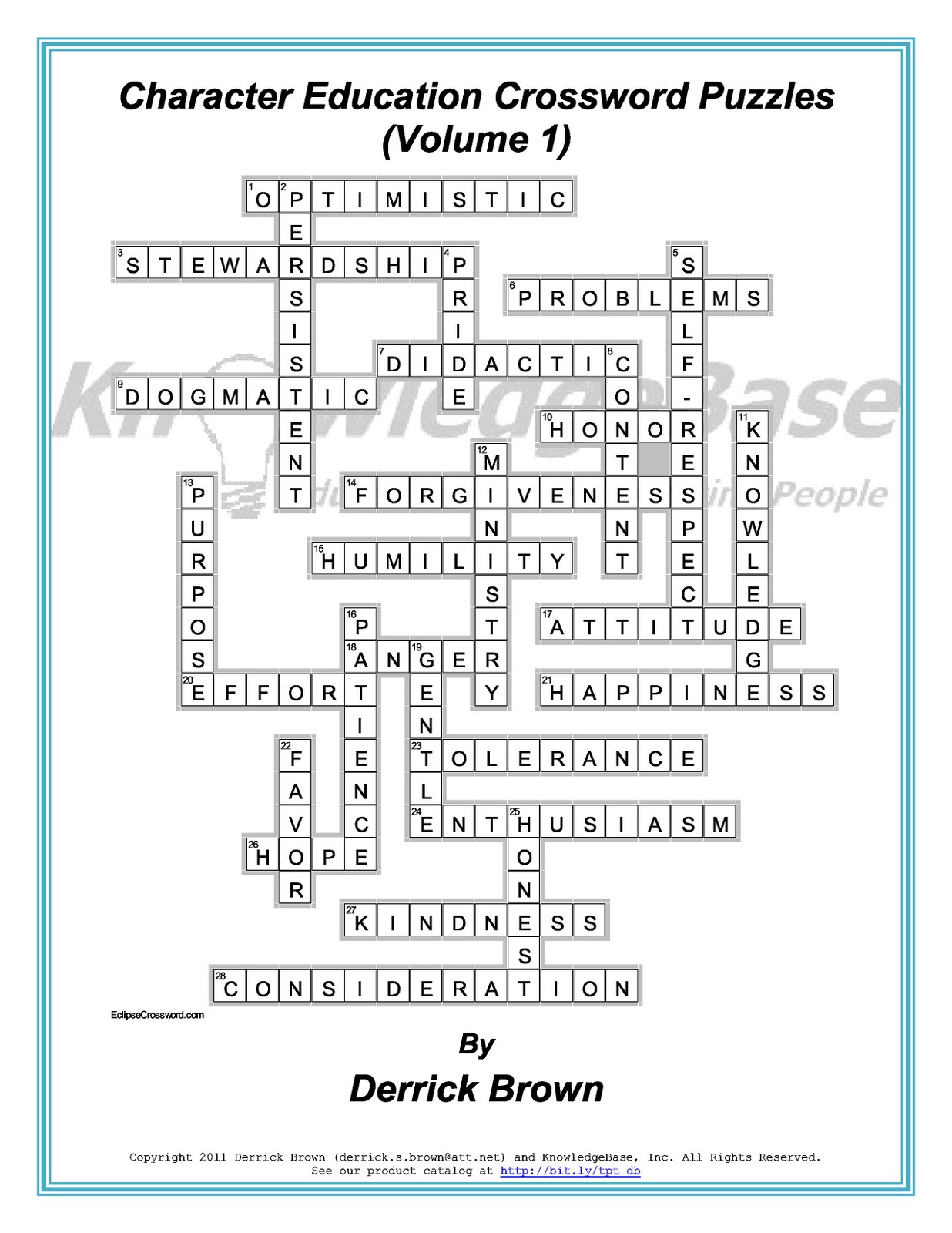 Character Education Crossword Puzzles