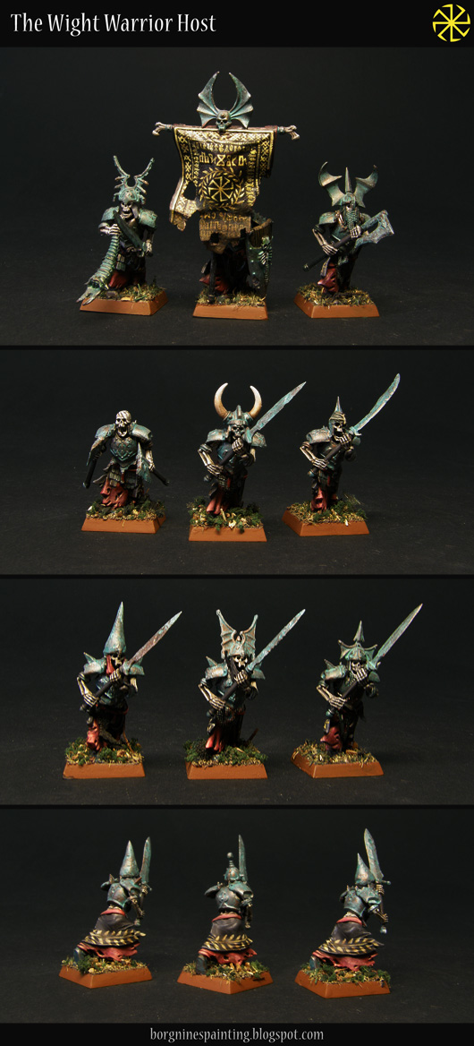 Singular examples of Grave Guard miniatures, shown separately and in detail. Their armor is painted to resemble patina / verdigris, they have yellow freehanded patterns on their black tabbards and cary great weapons.