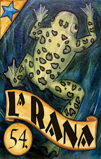 The frog on this loteria card is swimming through water which is symbolic of spirituality and life.