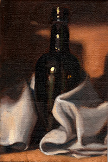 Oil painting of an antique black-glass whisky bottle partially wrapped in a tea towel.