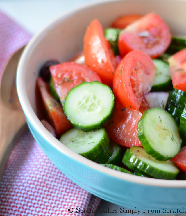 Tomato Cucumber and Olive Salad is easy to make and perfect for summertime barbecues and picnics. serenabakessimplyfromscratch.com