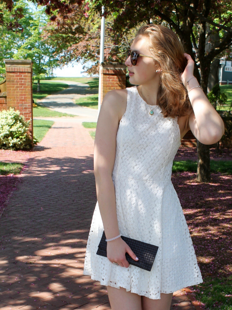 white lace dress, lace up snake skin ballet flats for a chic graduation outfit