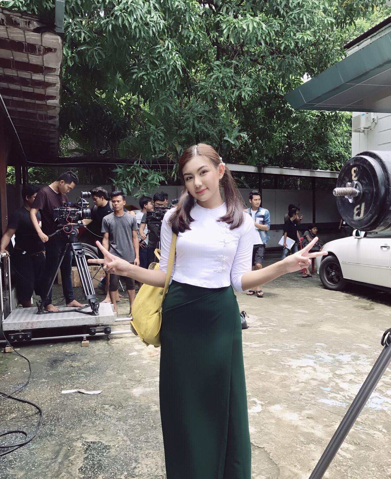 May Myint Mo Cute Style Poses In White and Green School Uniform