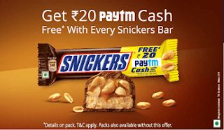 PayTM Snickers Offer 2018 - Get Rs 20 Paytm Cash With Every Snickers Bar