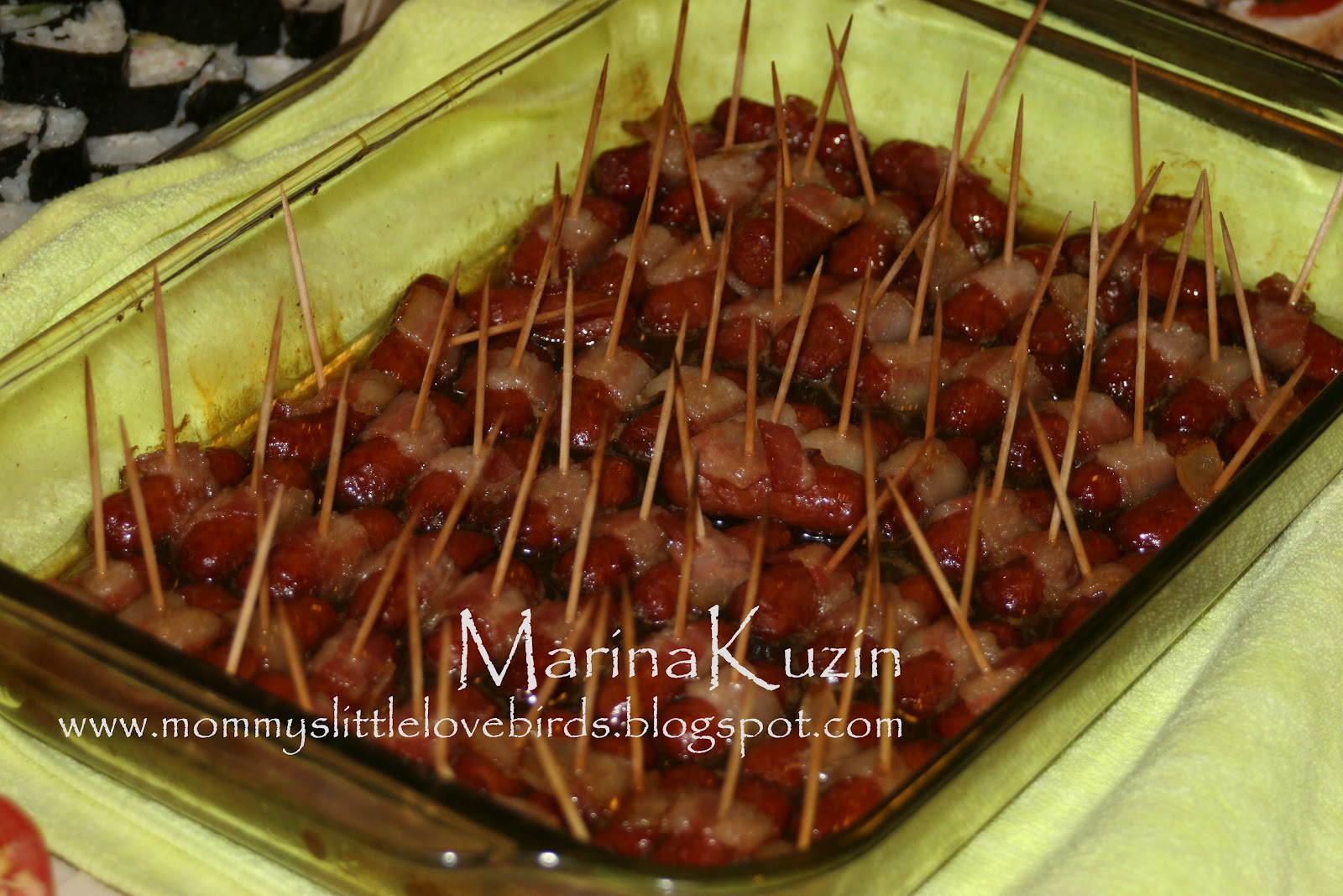 mommy's little lovebirds (appetizer) mini sausages with bacon pieces