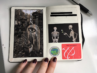 The inside cover of the Moleskine journal, with photos of gravestones, enamel pins and skeletons holding roses. There is also a red quality control sticker.