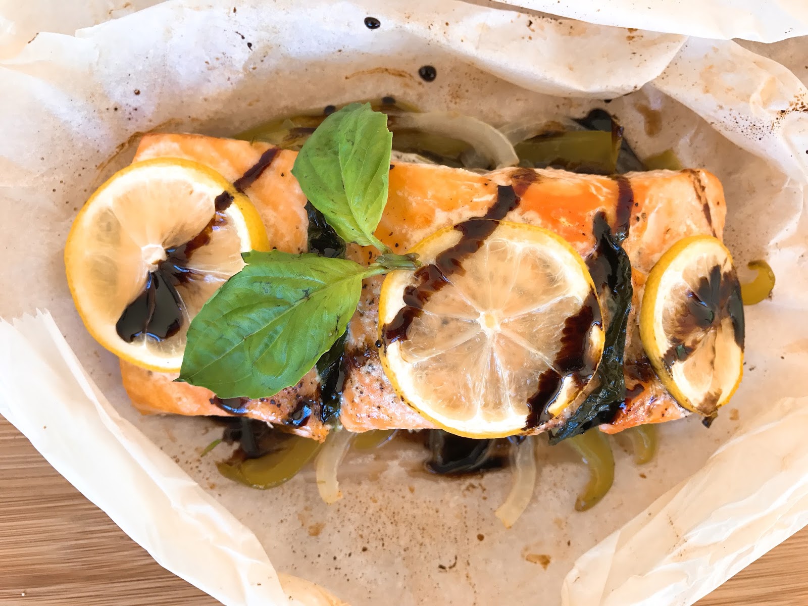 PouchCooked Salmon with Basil, Bell Pepper and Balsamic Glaze