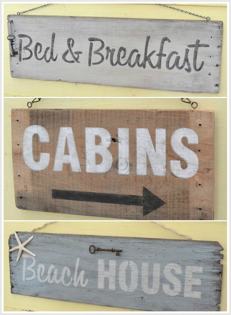 Rustic Signs Made from an Old Crate and Old Sign Stencils from MySalvagedTreasures.com rustic hanging signs made out of an old crate