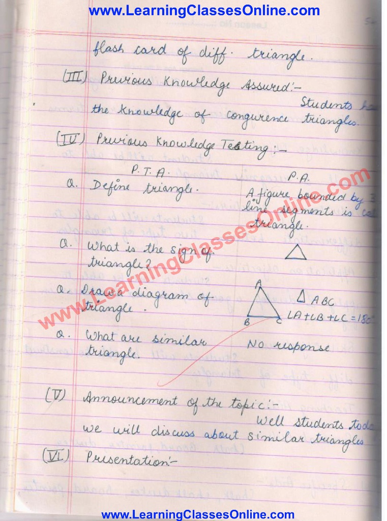 Lesson Plan for Math Class 8th on Triangle