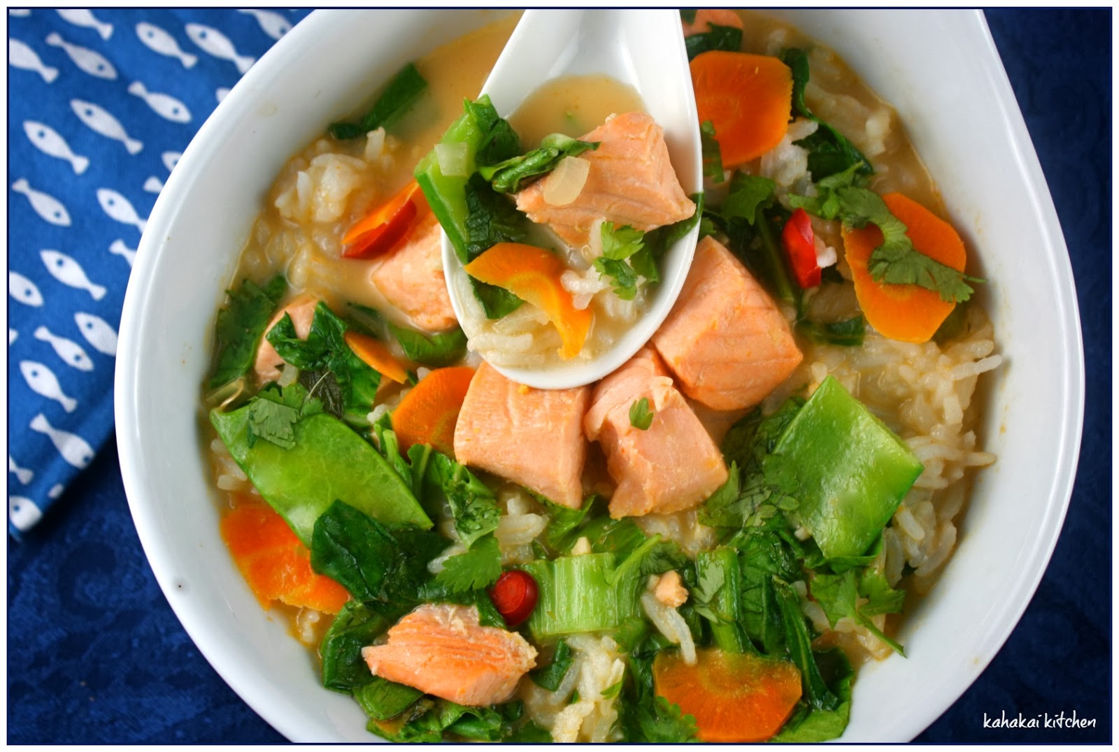 Kahakai Kitchen Red Curry Salmon, Greens & Jasmine Rice Soup for