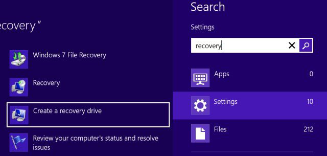 searching for recovery tool under settings