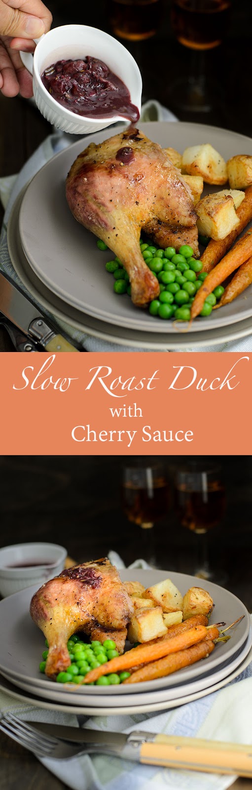 Slow Roast Duck with Cherry Sauce recipe. Simple and easy to cook. The duck is seasoned with salt and pepper. Ted Allen's 4 hours slow roast duck yields a crispy skin duck, meat that is tender and juicy.