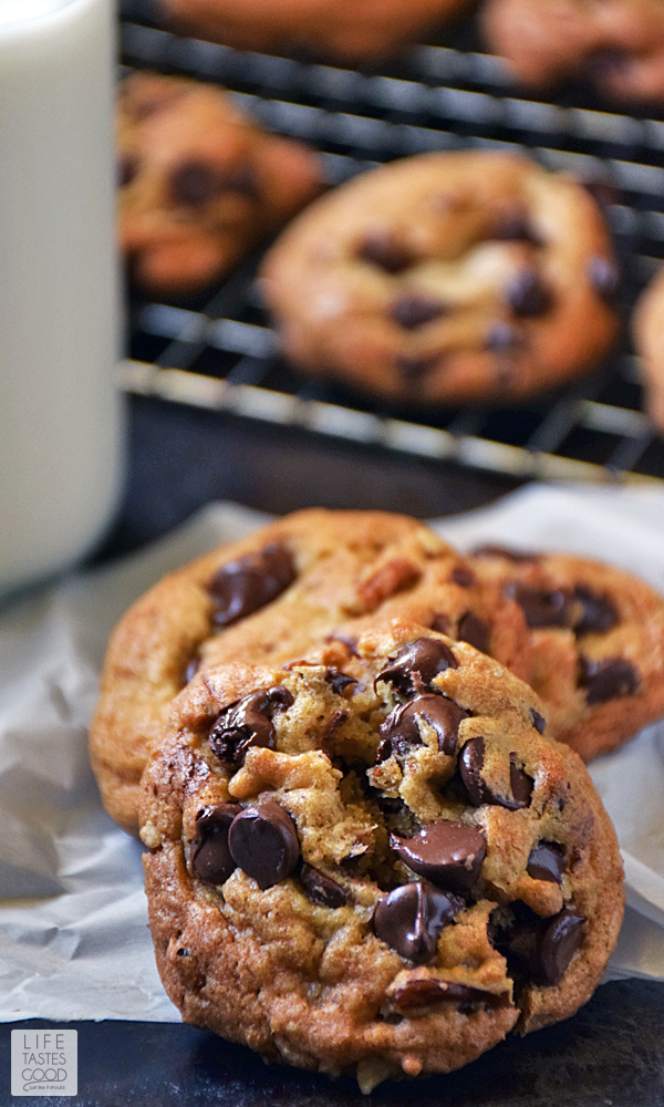 Chocolate Chip Butter Pecan Cookies | by Life Tastes Good are nutty, chocolaty, chewy, and buttery too! These cookies are a southern twist on a classic cookie and will liven up your holiday cookie tray! #LTGrecipes #RHFood