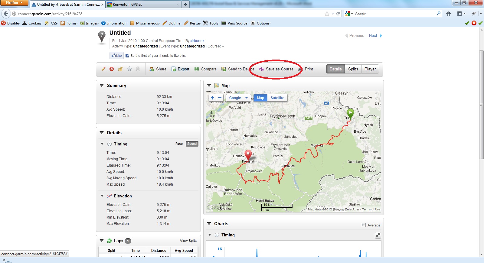 9th Moon Import souboru GPX do Garmin Forerunner 910XT