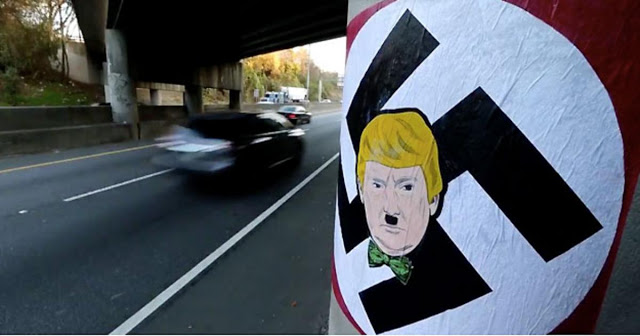 Trump as Hitler in a sporty bow tie. Graffiti in Atlanta, Dec. 2015 Trump as Hitler in a sporty bow tie. Graffiti on an Atlanta overpass, Dec. 2015. Lost your confederate flag? marchmatron.com