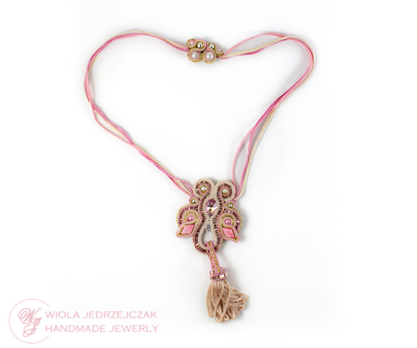 Handcraft jewelry. Stylish and luxury jewelry.  beautiful pink soutache necklace, swarovski, tassel