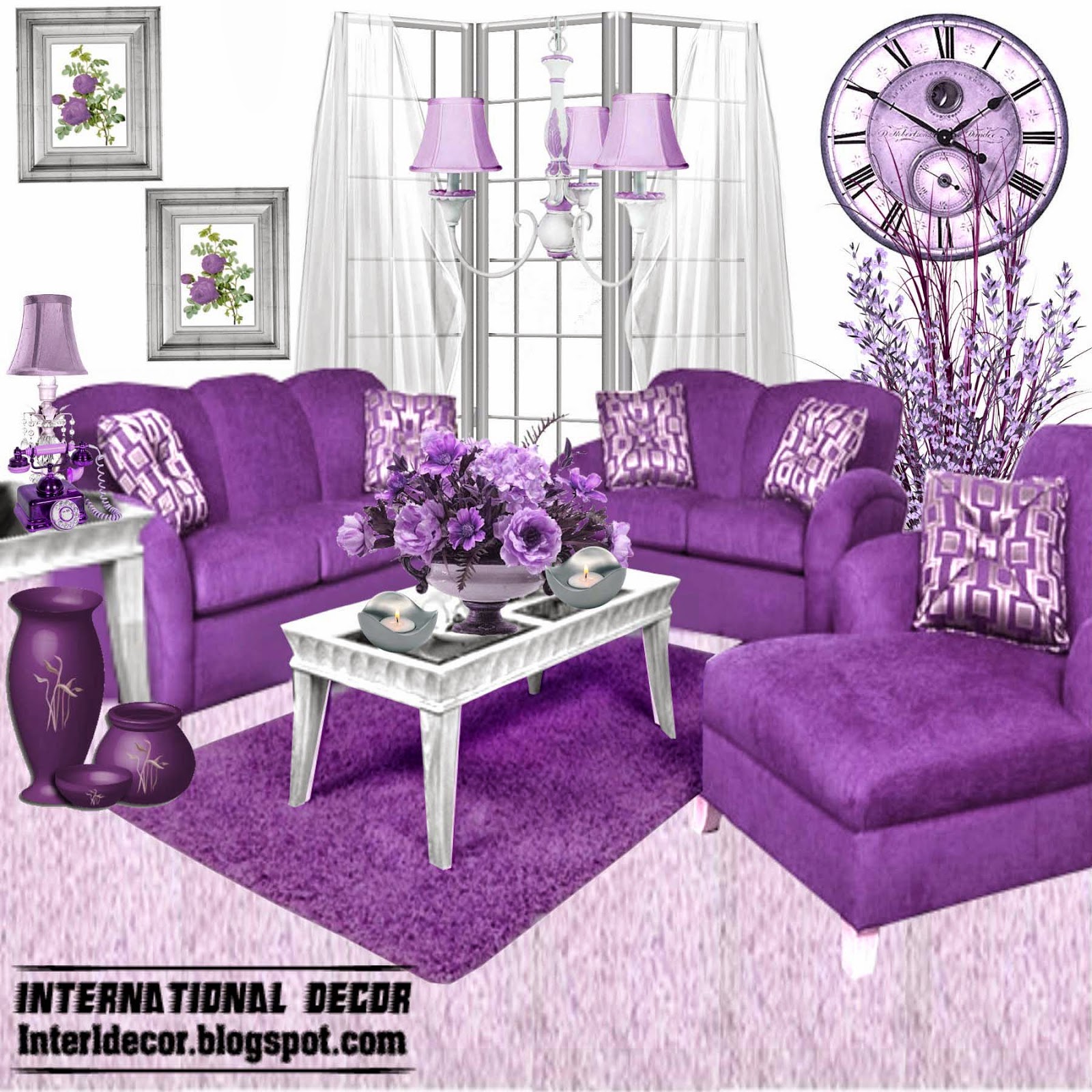 Luxury purple furniture, sets, sofas, chairs for living room interior