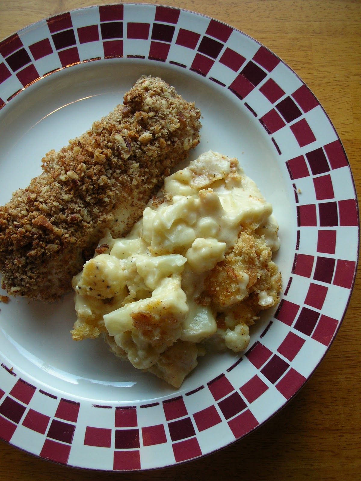 Pecan Crusted Halibut with Cauliflower au Gratin