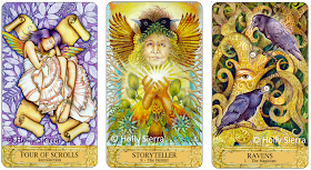 Chrysalis Tarot Four of Scrolls Recollection, Storyteller The Hermit, Ravens The Magician, Holly Sierra