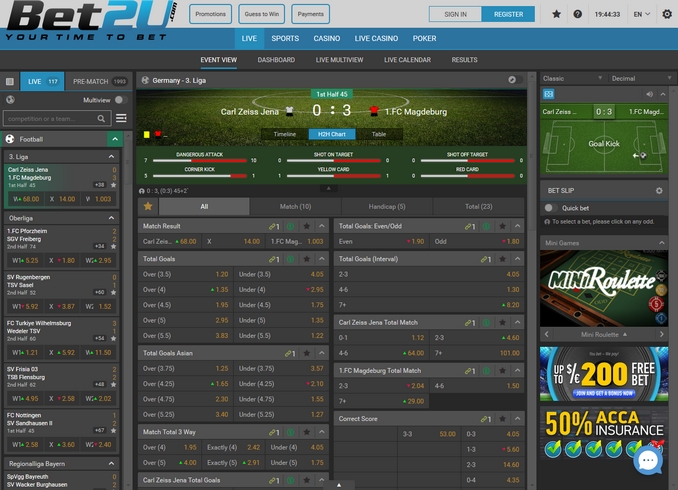 Bet2u Live Betting Screen