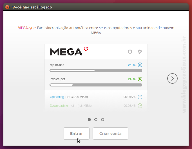 Janela principal ao abrir o MEGA Sync pela primeira vez Janela principal ao abrir o MEGA Sync pela primeira vez