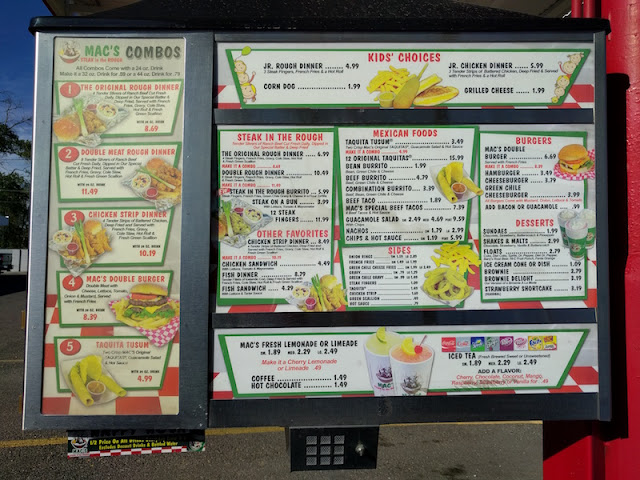 Drive-in menu at Mac's Steak in the Rough in Albuquerque