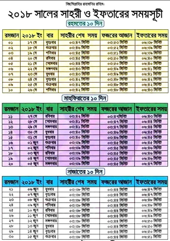 Ramadan Calendar 2018 and Sehri & Iftar TimeTable in Bangladesh