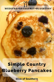 Fluffy, tender pancakes, bursting with hot blueberries and country flavor! A weekend breakfast staple.  Easy Country Blueberry Pancakes - Slice of Southern
