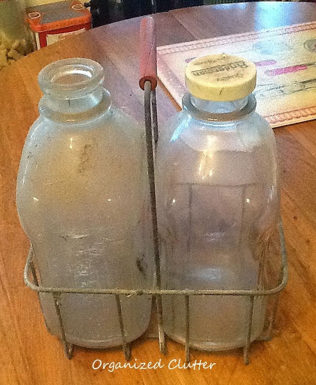 Vintage Glass Milk Bottles in a Wire Carrier - Organized Clutter