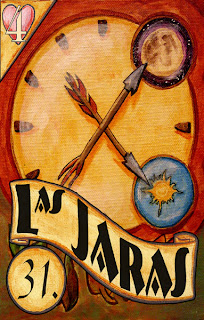 A clock face shows two arrows as the hands of the timepiece in this loteria card.