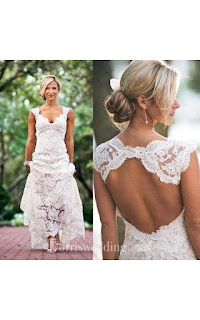 Cap Sleeves V Neck Allover Lace Long Dress With Back Keyhole