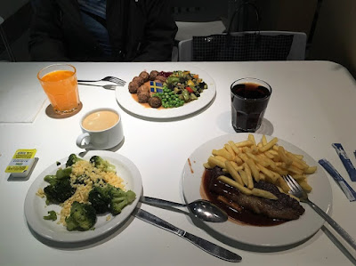 Ikea restaurant dinner meatballs, fries, steak