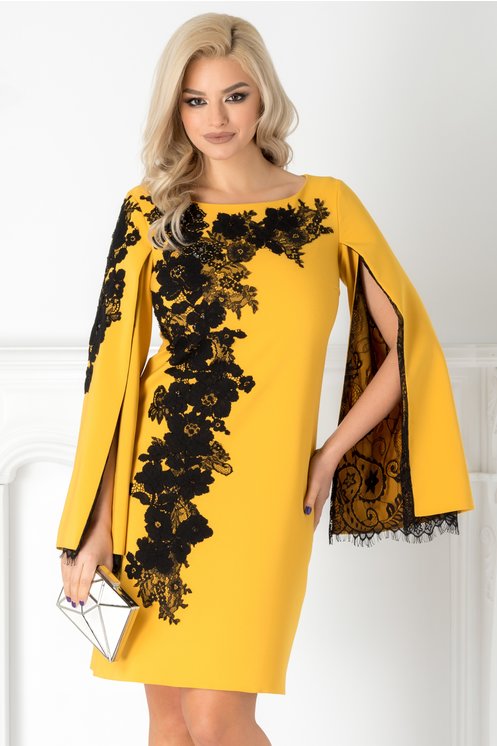 Rochie LaDonna galbena cu broderie handmade si maneci crapate Rochie LaDonna galbena cu broderie handmade si maneci crapate