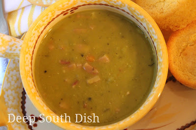A classic soup combining dried split peas and ham, with a mirepox of onion, carrots and celery, enhanced with a ham bone or ham hocks.