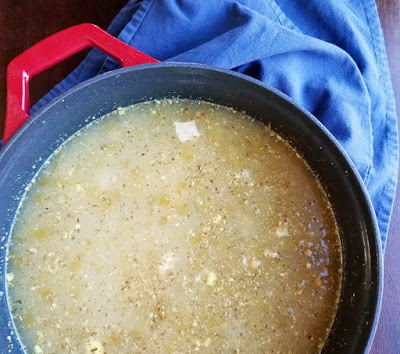 pot of chicken chili before sour cream is added