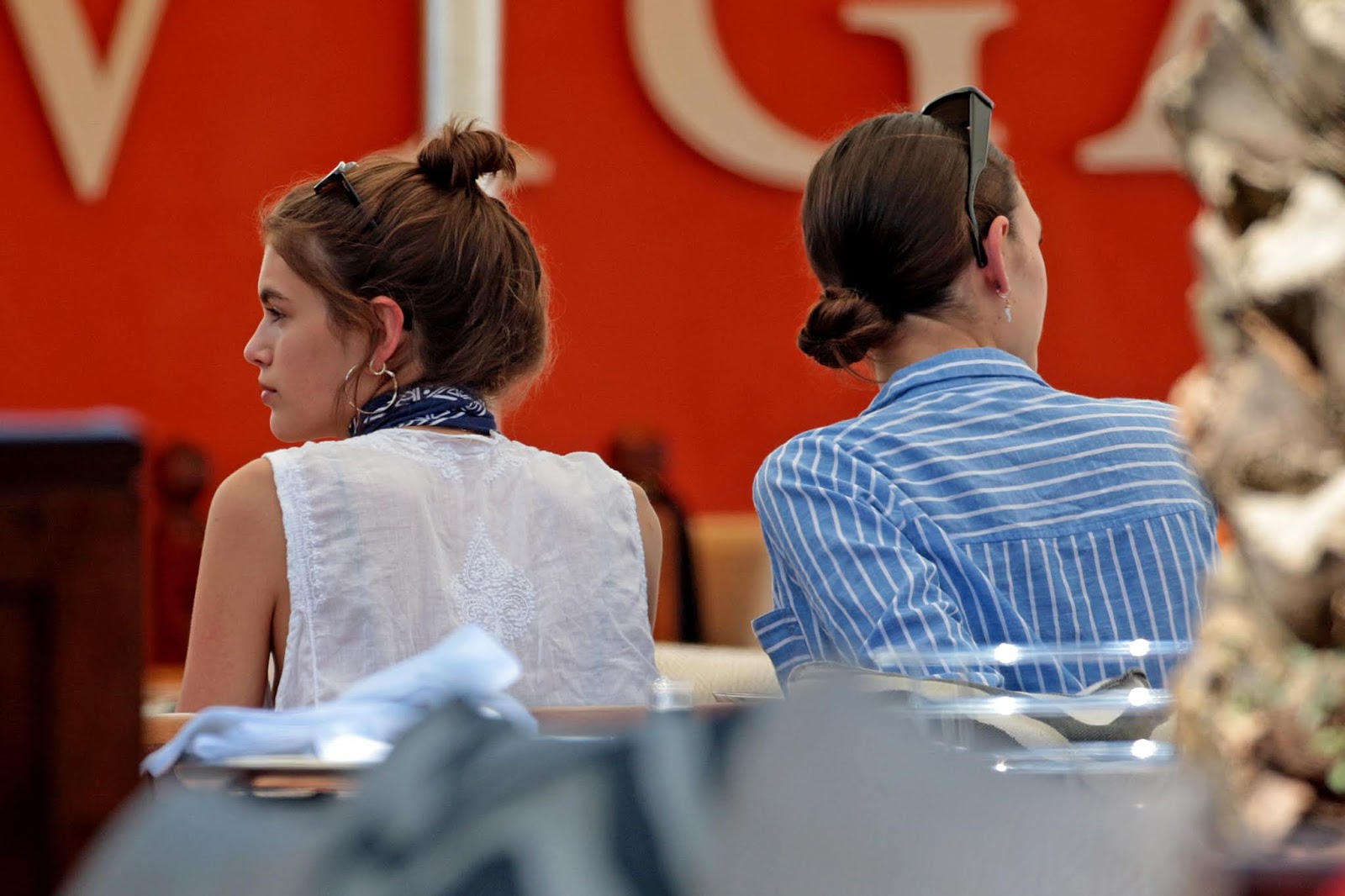 Kaia Gerber and Vittoria Ceretti are seen at Twiga beach club in Forte