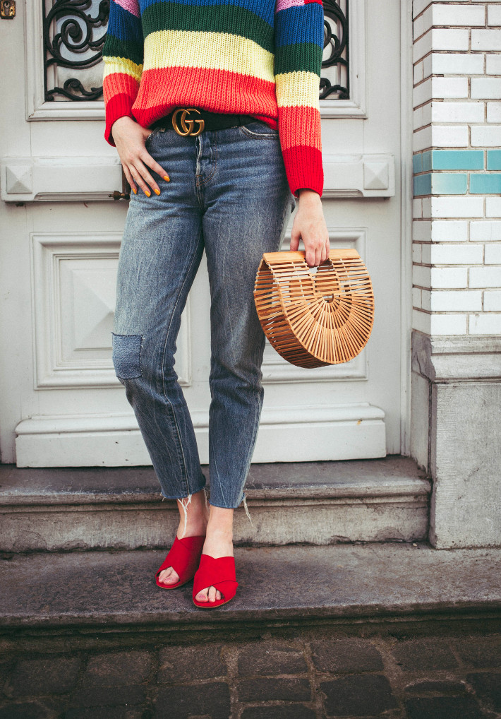 Wedgie fit levi's, rainbow sweater, red mules