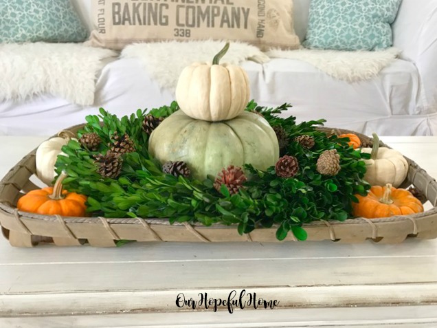 Farmhouse fall decor in tobacco basket with boxwood wreath pumpkins pinecones 