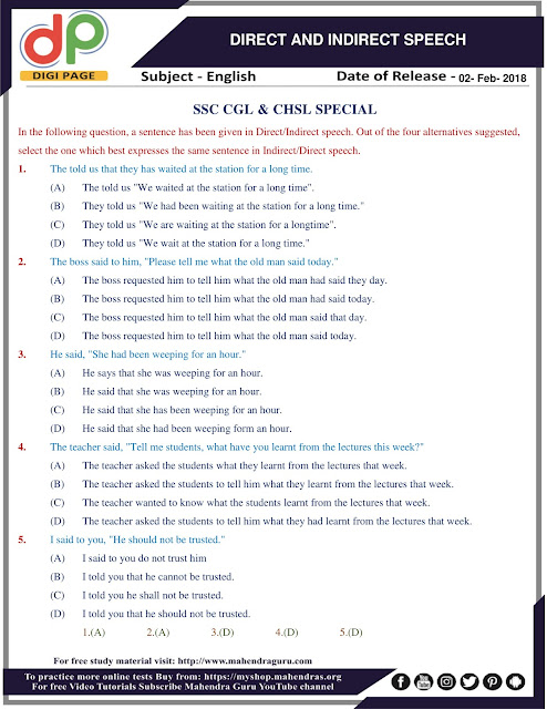 DP | Direct And Indirect Speech For SSC CHSL & CGL | 02 - 02 - 18 DP | Direct And Indirect Speech For SSC CHSL & CGL | 02 - 02 - 18
